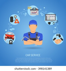 Car Service Concept For Poster, Web Site, Advertising With Flat Icons Like Laptop Diagnostics, Spark Plug, Battery And Mechanic. Vector Illustration