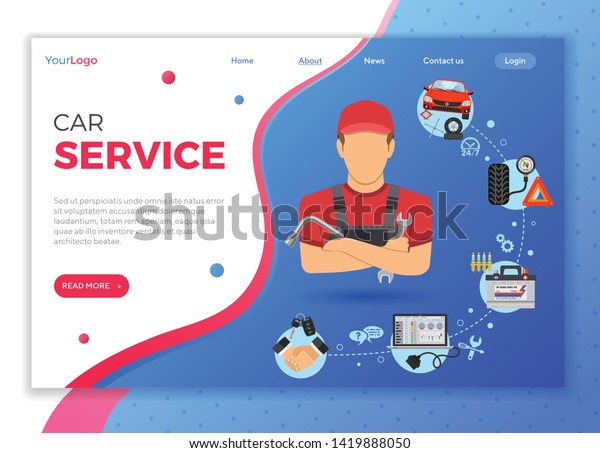 Car Service\
Concept for Poster, Web Site, Advertising with  Flat Icons like\
Laptop, Spark Plug, Battery, Jack and Mechanic. landing page\
template. isolated vector\
illustration