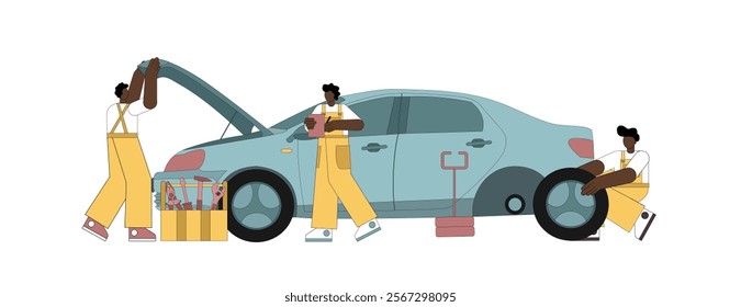 Car service concept. Repairmen with dark skin repair, diagnose, prevent car