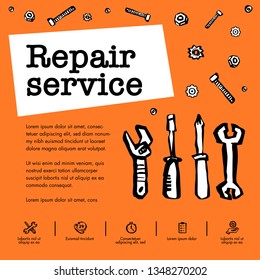Car service concept. Set with car parts and tools, car service, tire service, car repair etc. Doodle ink style vector illustration