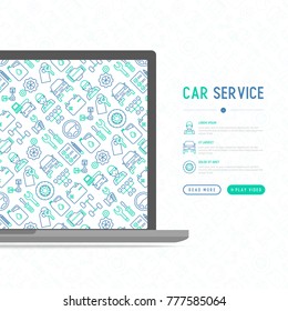 Car service concept with thin line icons of mechanic, computer diagnostics, tools, wheel, battery, transmission, jack. Modern vector illustration, web page template.