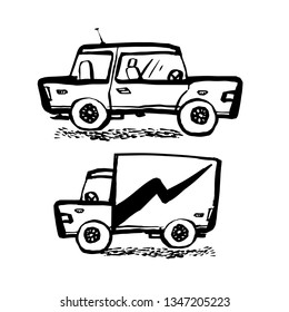 Car service concept. Car and truck in Doodle ink naive style. Vector illustration