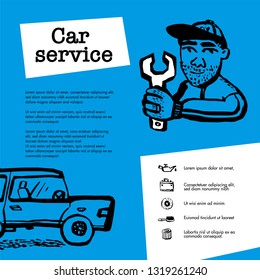 Car service concept. Web banner with scene presents workers in car service, tire service, car repair etc. Doodle ink style vector illustration