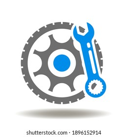 Car service conceptual symbol of tire fitting. Auto wheel with wrench vector icon.