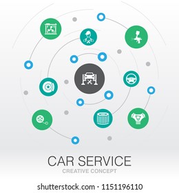 Car service creative system concept. Digital mesh grid concept idea. disk brake, air filter, Engine, technician, steering wheel UI icons