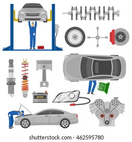 Car service decorative elements set with working mechanics auto spare parts hoist tools isolated vector illustration