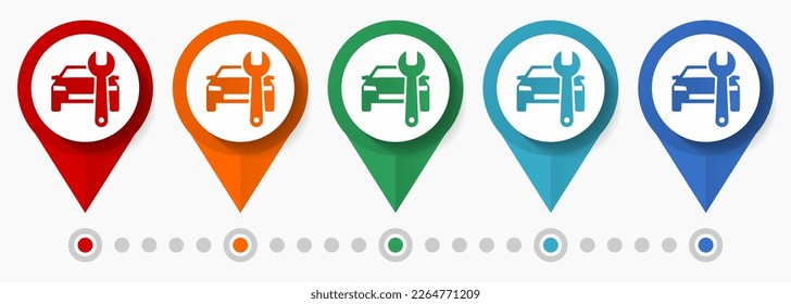 Car service, diagnostics concept vector icon set, flat design workshop pointers, infographic template easy to edit