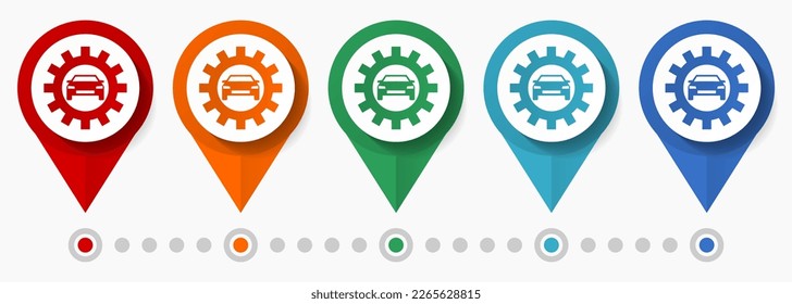 Car service, diagnostics concept vector icon set, flat design workshop pointers, infographic template easy to edit