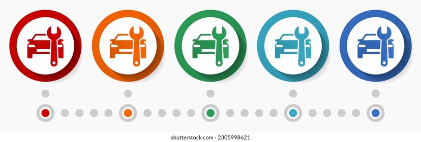 Car service, diagnostics concept vector icon set, infographic template, flat design circle colorful web buttons in 5 color options