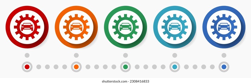 Car service, diagnostics concept vector icon set, infographic template, flat design circle colorful web buttons in 5 color options