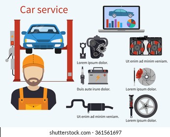 Car Service With Diagnostics Elements, Auto And Mechanic. Computer Diagnostics, Engine, Cooling, Brake, Suspension, Exhaust.  Technical Inspection Car Repair. Vector Illustration. Template, Banner.