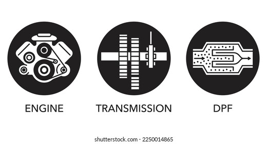 Juego de iconos planos de diagnóstico y servicio de coches - DPF, caja de cambios y motor de máquinas