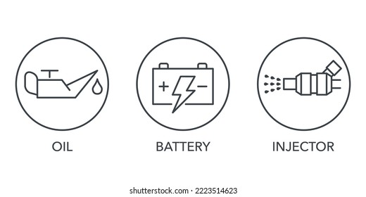 Juego de iconos de diagnóstico y servicio de automóviles - lubricante de aceite, batería de automóviles e inyector de combustible