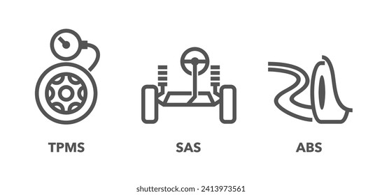 Car service and diagnostics icons set in bold line - SAS, TPMS, ABS systems for steering, braking and pressure control