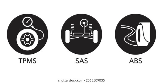 Car service and diagnostics icons set in monochrome style - SAS, TPMS, ABS systems for steering, braking and pressure control