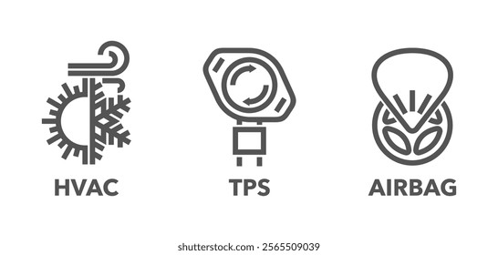 Car service and diagnostics icons set in bold line - air controls of HVAC, TPS and airbag systems