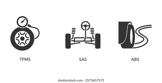 Car service and diagnostics icons set in monochrome style - SAS, TPMS, ABS systems for steering, braking and pressure control