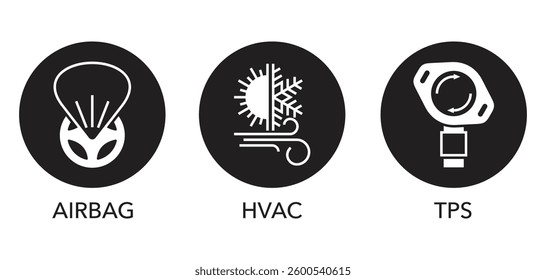 Car service and diagnostics icons set in monochrome style and circle shape - air controls of HVAC, TPS and airbag systems