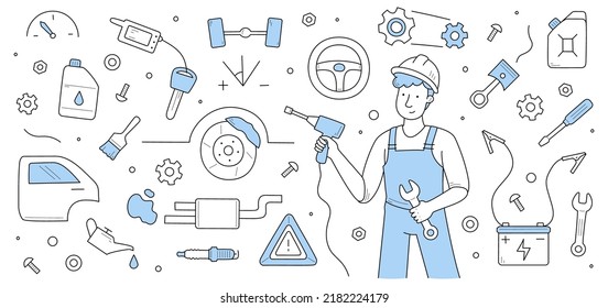 Car service doodle concept. Mechanic character dressed in overalls hold drill and wrench, repair staff with instruments in garage. Auto checking, fixing and maintenance, Linear vector web banner