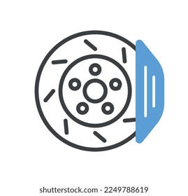 Car service doodle icon. Disc machine with brake pad. Poster or banner for website. Template, layout and mockup. Part of vehicle or transport. Travel and trip concept. Cartoon flat vector illustration