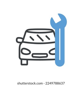 Car service doodle icon. Transport with wrench. Sticker for social networks and messengers. Vehicle repair symbol. Travel and trip. Logo for company and organization. Cartoon flat vector illustration