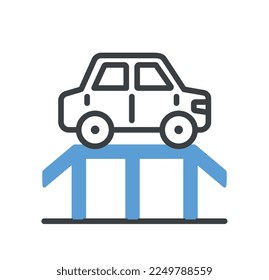 Car service doodle icon. Transportation on blue bridge in autosevris. Graphic element for website. Template, layout and mock up. Logo for company and organization. Cartoon flat vector illustration