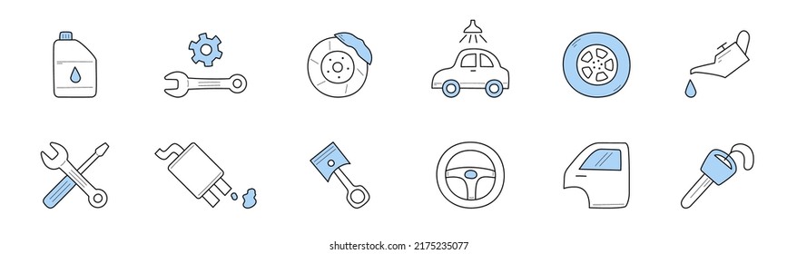 Iconos del doodle del servicio de coches, llave de señalización vectorial y ruedas. Volante y llave de la dirección automática, estación de combustible, lubricante con aceite y engranajes. Disco con pastillas de freno y pistón, arte de la línea del motor