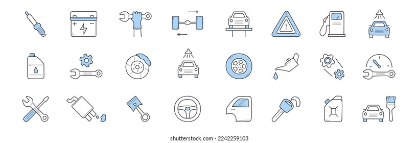 Car service doodle icons, vector signs pipette, accumulator, hand with wrench and wheels. Auto on elevator, warning sign, fuel station, lubricator with oil and gears. Speedometer, steering wheel, key