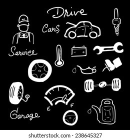 Car service drawing icons set chalk blackboard