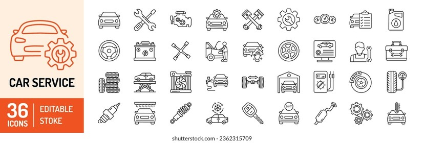 Car Service editable stroke outline Icons set. Service, repair, engine, battery, wheel, diagnostic, mechanic, automobile, maintenance and garage. Vector illustration