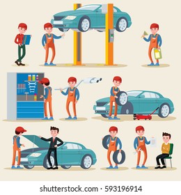 Car service elements set with auto mechanics in repair work process equipment and clients isolated vector illustration 