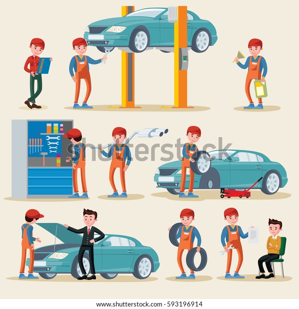 Car\
service elements set with auto mechanics in repair work process\
equipment and clients isolated vector illustration\
