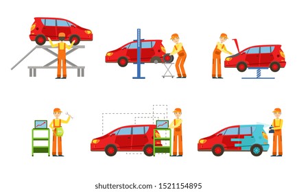 Car Service Elements Set, Male Auto Mechanics in Uniform Repairing and Painting Cars, Changing Tires, Testing Vehicles Vector Illustration