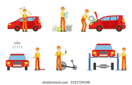 Car Service Elements Set, Male Auto Mechanics in Uniform Repairing, Washing Cars, Testing Vehicles Vector Illustration