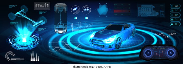 Car service elements in the style of HUD. Car infographic autoscanning, analysis and diagnostics. Futuristic User Interface Car auto service, repair, dashboard, infographics UI HUD. Vector tech set