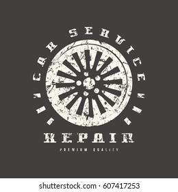 Car service emblem. Graphic design for t-shirt. White print on black background