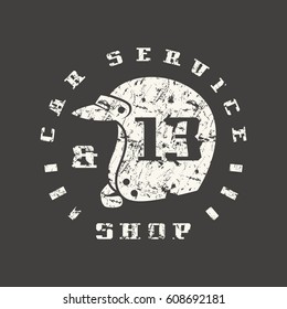 Car service emblem. Graphic design for t-shirt. White print on black background