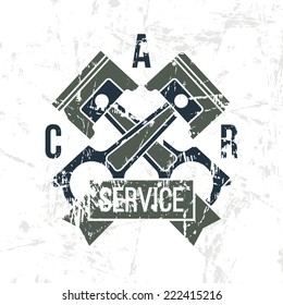Car service emblem in retro style. Graphic design for t-shirt. Color print on white background
