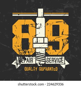 Car service emblem in retro style. Graphic design for t-shirt. Color print on black background
