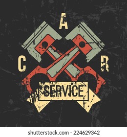 Car service emblem in retro style. Graphic design for t-shirt. Color print on black background