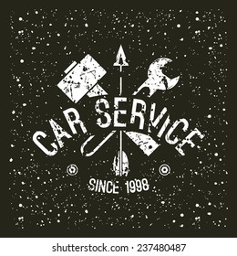 Car service emblem in retro style. Graphic design for t-shirt. White print on a black background