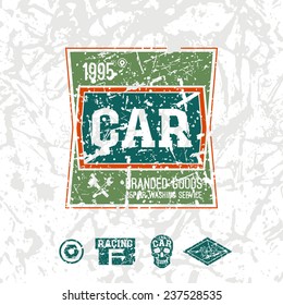 Car service emblem in retro style. Graphic design for t-shirt. Color print on a white background