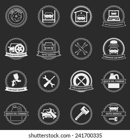 Car service emblems and badges, vector white set of car fix and paint logos and design elements 