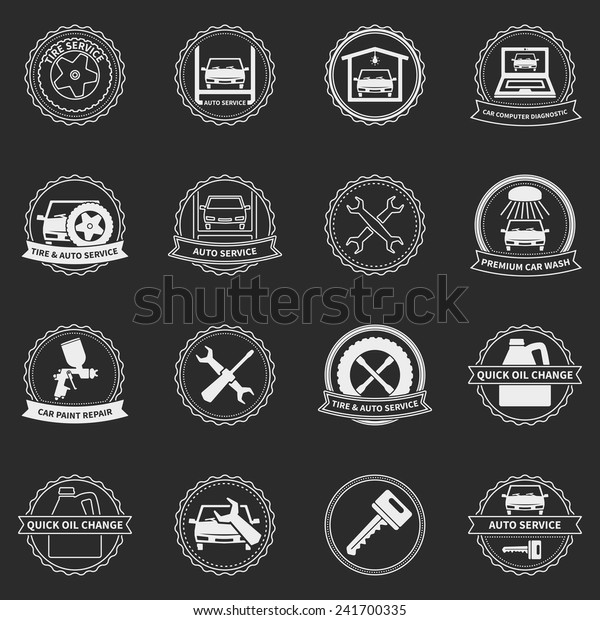 Car service emblems and\
badges, vector white set of car fix and paint logos and design\
elements 