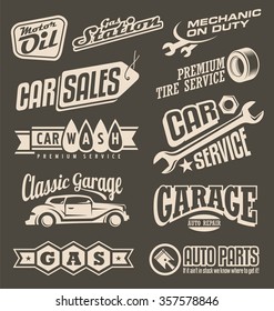 Car service emblems. Transportation label collection on dark background. On the road theme with auto related signs, logo designs layouts, symbols and icons.