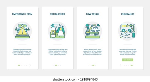 Servicio de coches, soporte de emergencia ilustración vectorial. UX, UI onboarding página de aplicación móvil ajustada con línea de seguro auto, remolcar vehículo de automóvil con camión, símbolos de advertencia de asistencia contra incendios