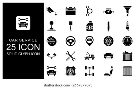 Paquete de Ilustración vectorial de íconos de glifo sólido de elemento de equipo de servicio de automóvil. Paquete de icono de glifo negro sólido.