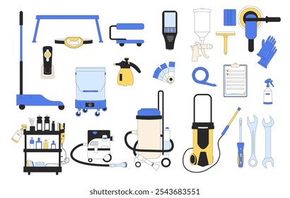 Car service equipment set. Vector flat illustration collection of isolated vehicle repair tools. Polish, vacuum wash, wrench kit dry cleaning leather repair body and interior