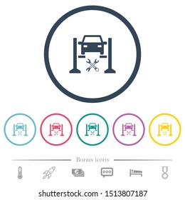 Car service flat color icons in round outlines. 6 bonus icons included.