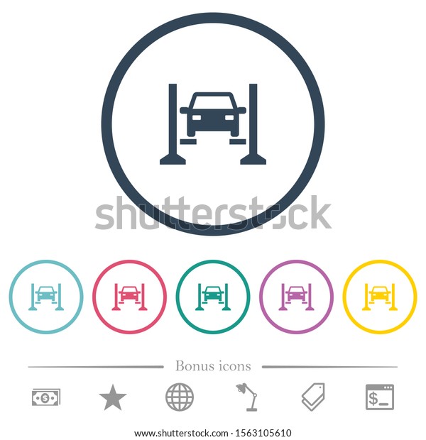 Car service flat color icons in round outlines.\
6 bonus icons included.